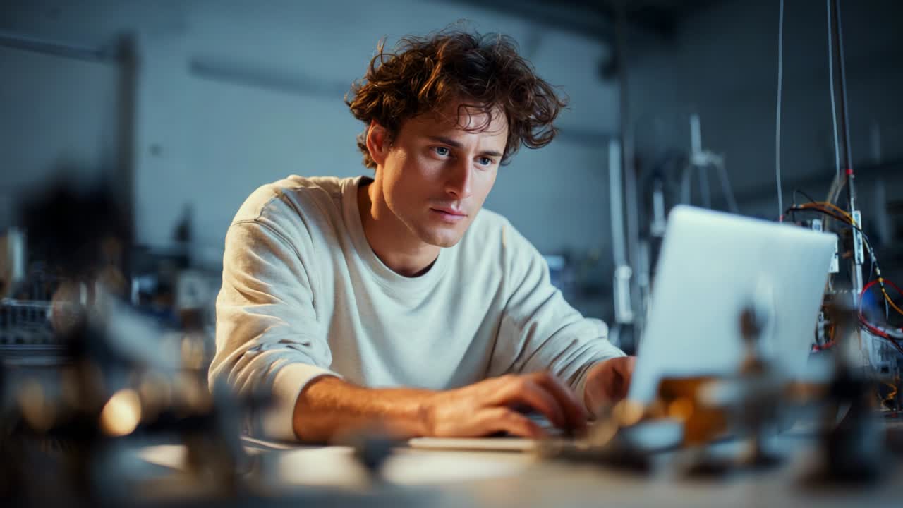 Focused Individual Engaged in Intensive Work on Laptop in a Dimly Lit Workspace Surrounded by Various Tools and Equipment, Demonstrating Dedication and Concentration on Task at Hand