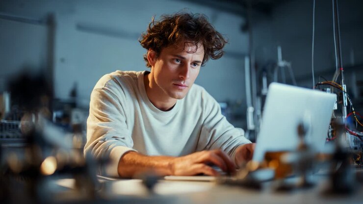 Konzentrierte Einzelperson, die intensiv an einem Laptop in einem schwach beleuchteten Arbeitsbereich arbeitet, umgeben von verschiedenen Werkzeugen und Geräten, was Hingabe und Konzentration auf die anstehende Aufgabe demonstriert