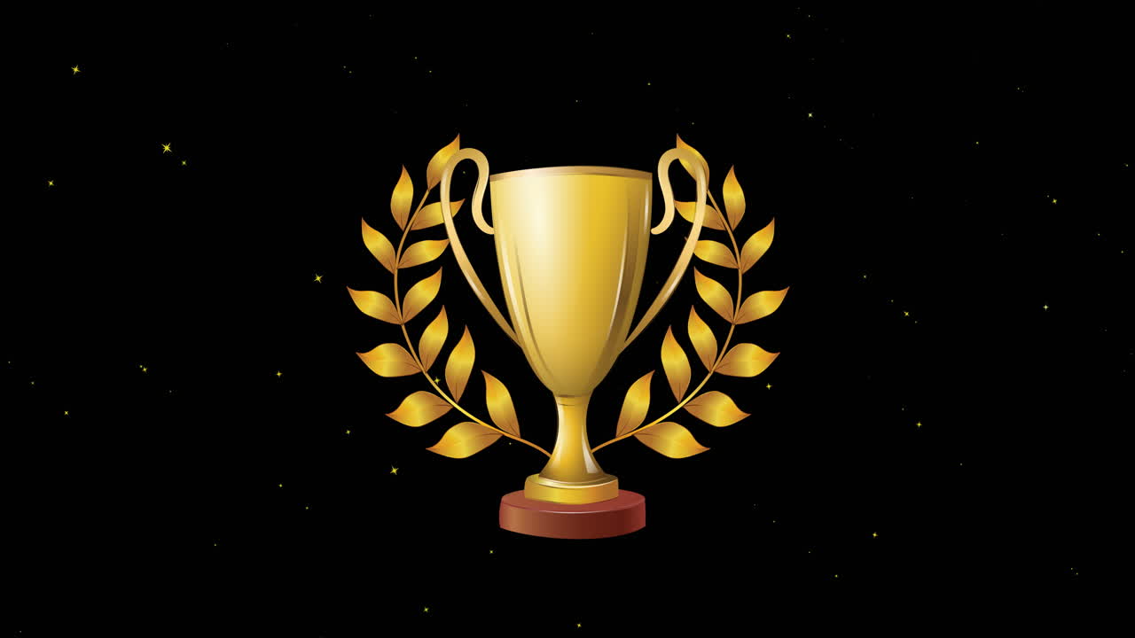 Animation of gold trophy and victory laurel wreath over white stars moving on black background