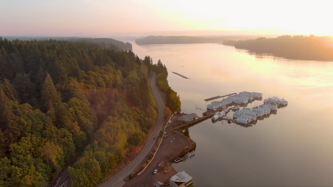 imágenes de drones capturando un hermoso amanecer sobre puget sound, con caminos sinuosos a través de un pinar de colores