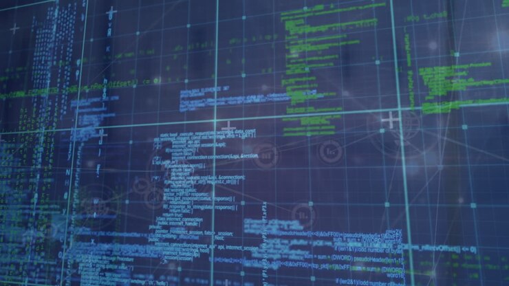 Animation of data processing with connecting dots, hud elements on digital interface