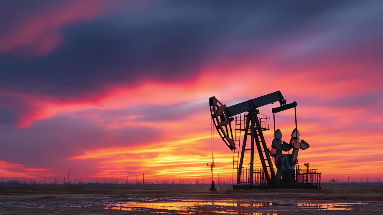 A Stunning Evening Landscape with an Oil Pump Jack Silhouetted Against a Vivid Sunset, Showcasing the Beauty of Industry and Nature Intertwined