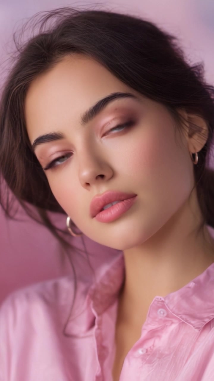 Ritratto accattivante di una giovane donna con lineamenti delicati e pelle radiosa su uno sfondo rosa delicato, che mette in mostra bellezza ed eleganza.
