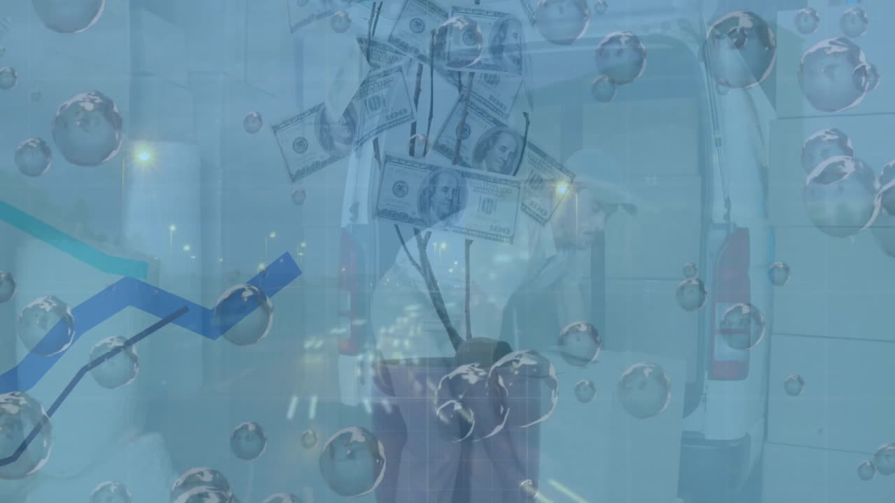 그래프, 거품, 돈 플랜트 및 차량의 애니메이션 카우카시안 노동자 차량에 상자를 유지