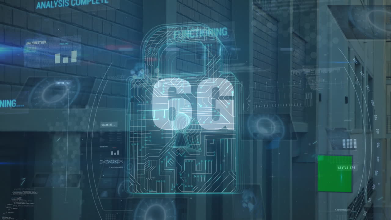 animación del icono del candado y procesamiento de datos en la sala del servidor.