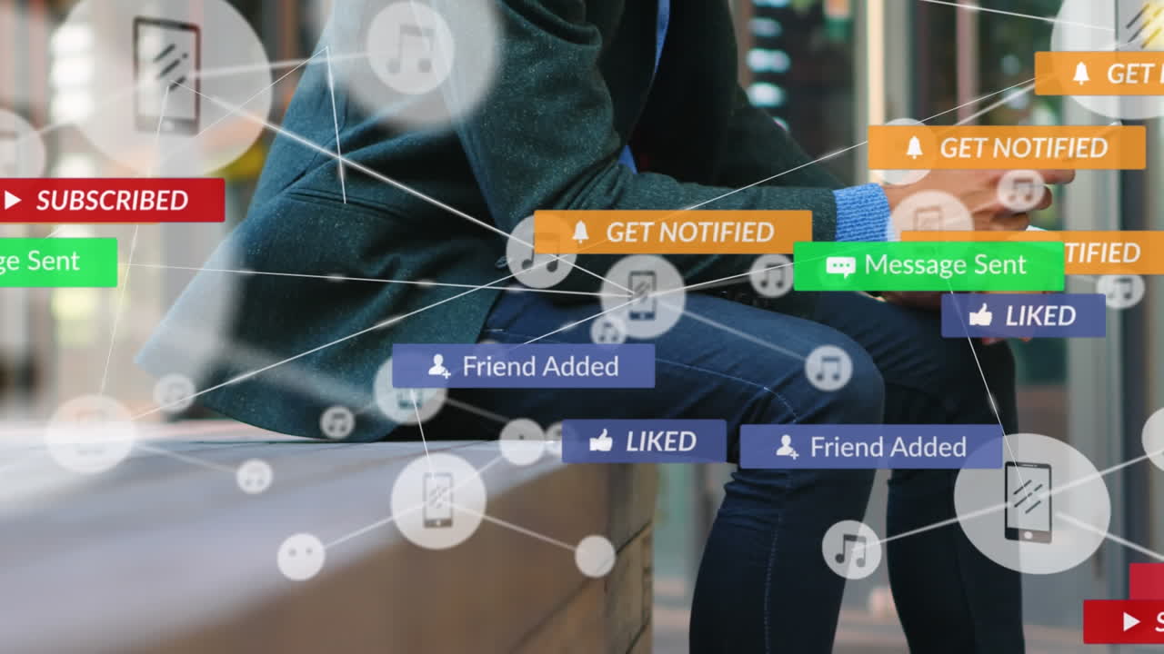 스마트 폰을 사용하여 사람 위의 아이콘과 연결 네트워크의 애니메이션