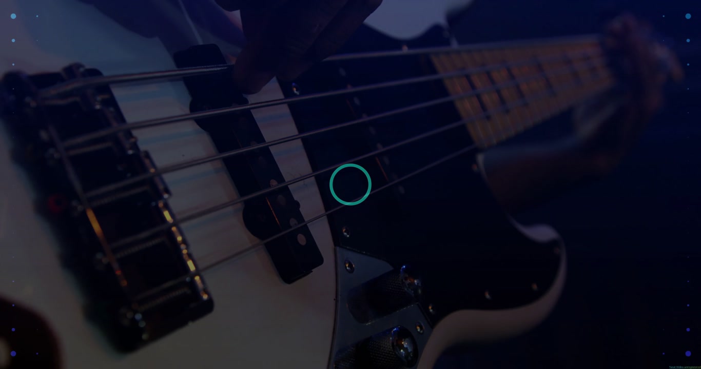 Musician's hand plucking bass strings, pulsing purple-blue dot grid overlay in music tech studio