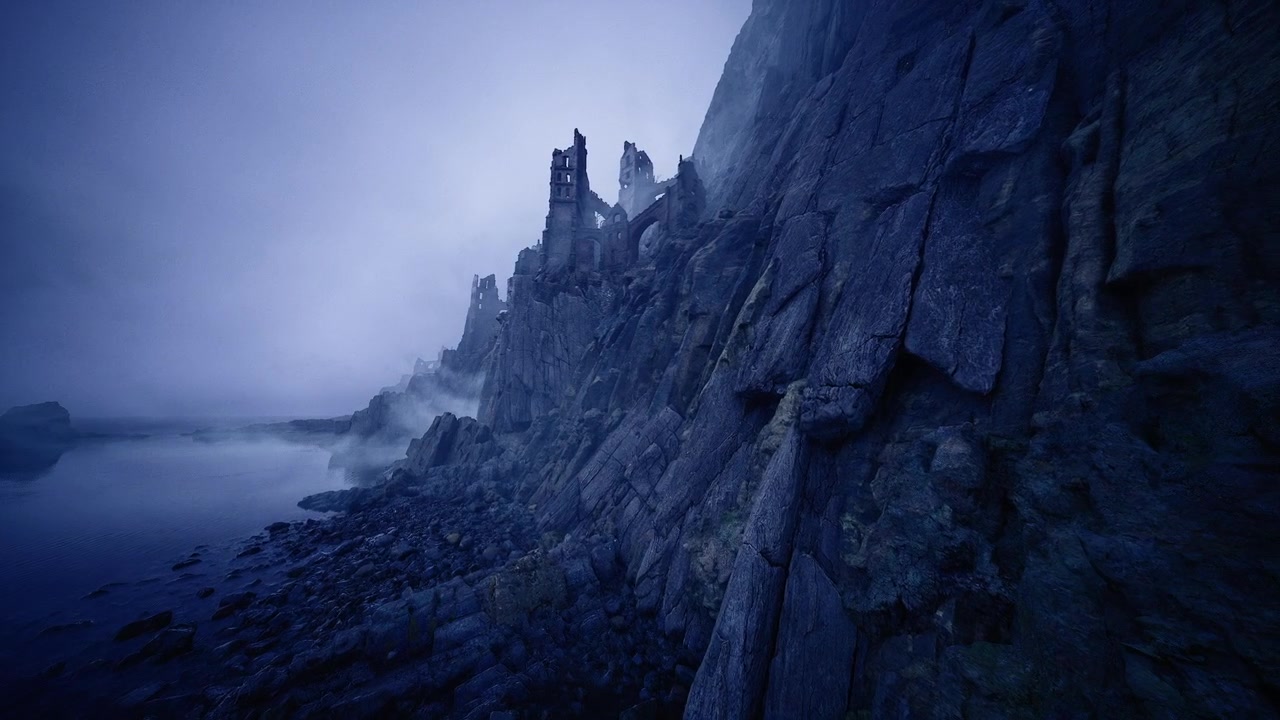 La nebbia avvolge le scogliere; una fitta foschia circonda vividamente i bordi affilati delle montagne