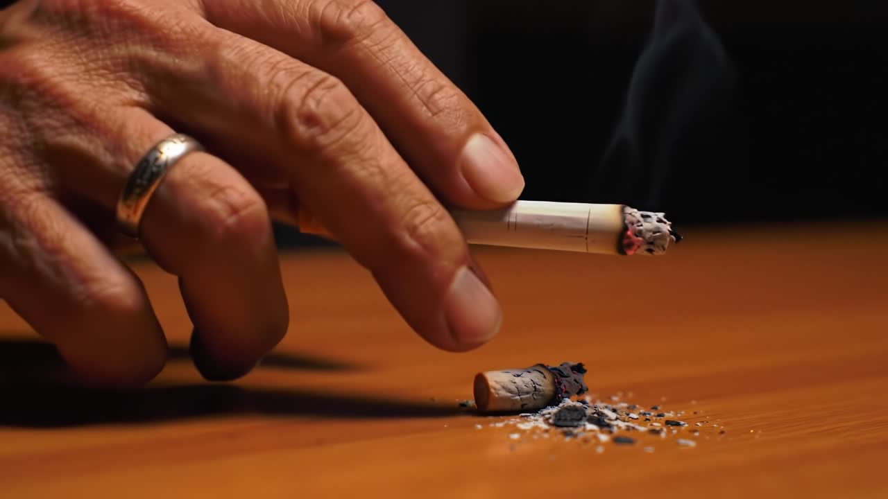 A Close-Up View of a Hand Extinguishing a Cigarette; the Ashes and Smoke Signal an End to a Habit, Capturing a Moment of Reflection and Decision-Making