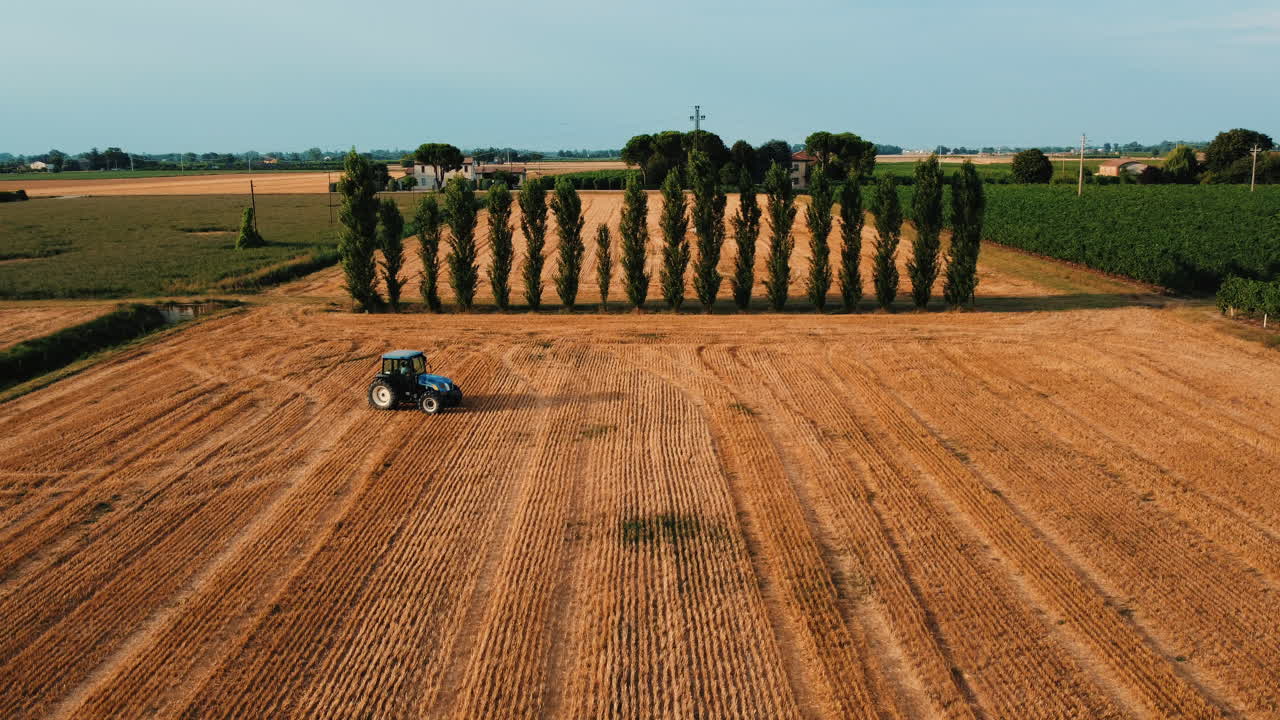 Agricultural Field with Tractor and Trees