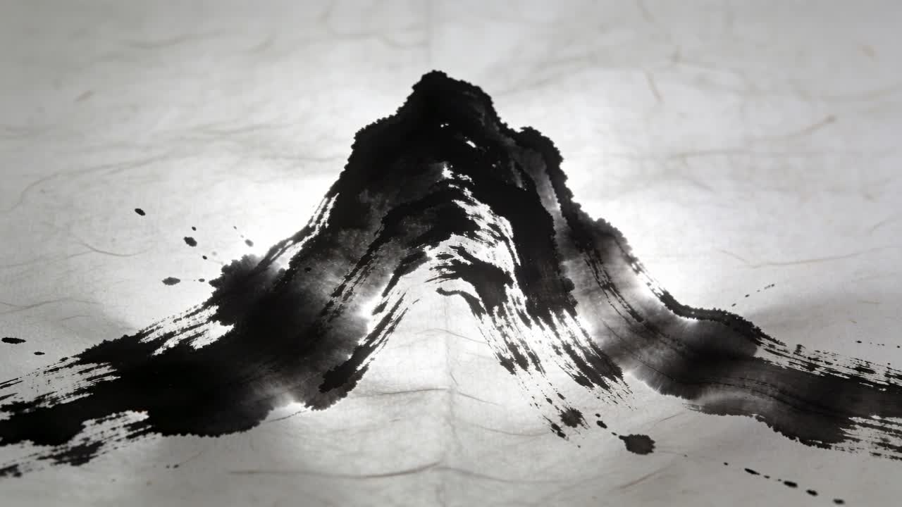 Montagna a pennellate di inchiostro nero che mostra un riflesso che si sposta su goccioline di carta sotto una luce in movimento.