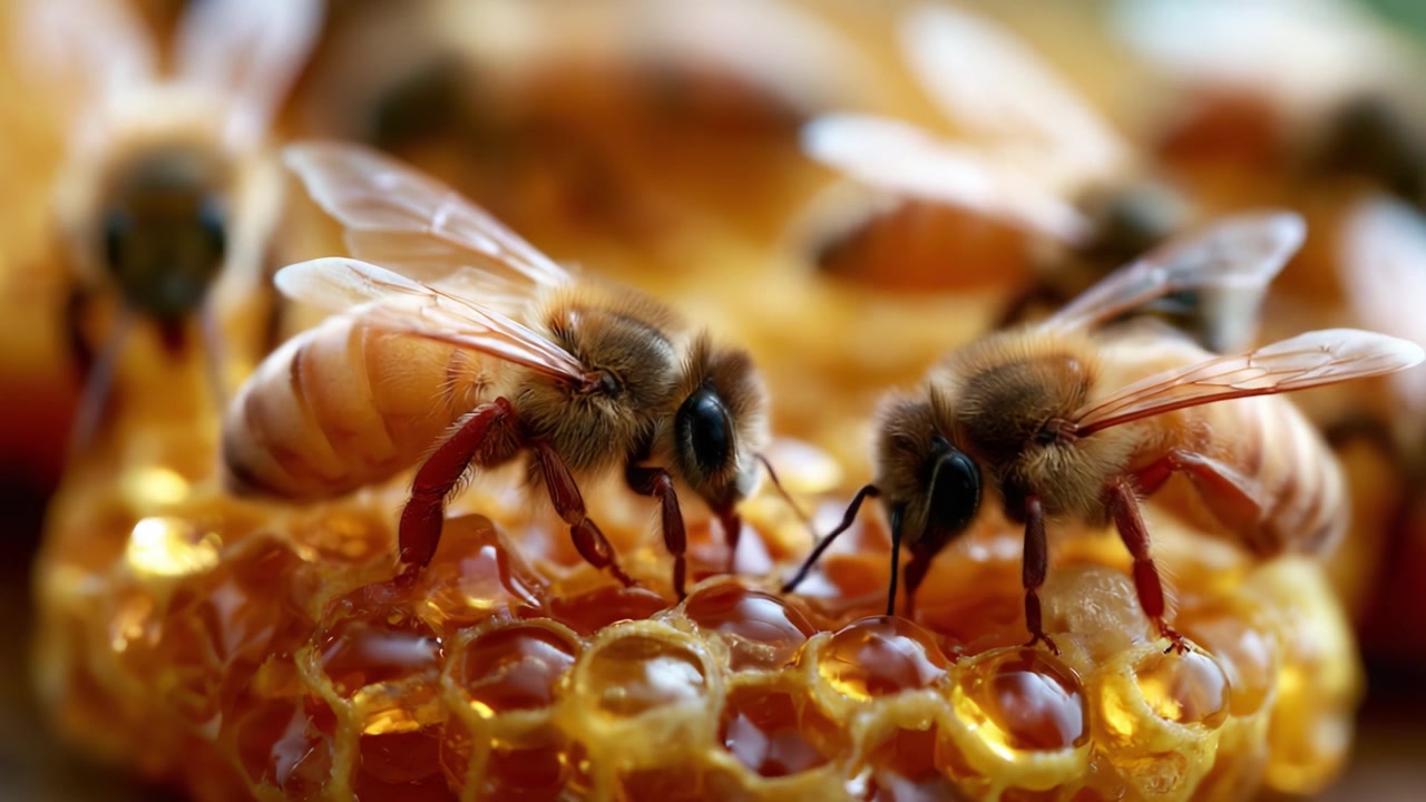 Una vista ravvicinata di api mellifere che utilizzano il favo, impegnate in compiti naturalmente complessi di foraggiamento, impollinazione e produzione di miele nel loro ambiente dell'alveare