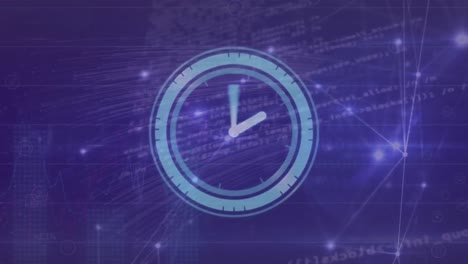 Animation-of-clock-over-data-processing-on-purple-background