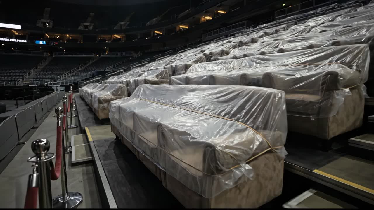 Rows of Covered Seats in a Dark, Empty Arena