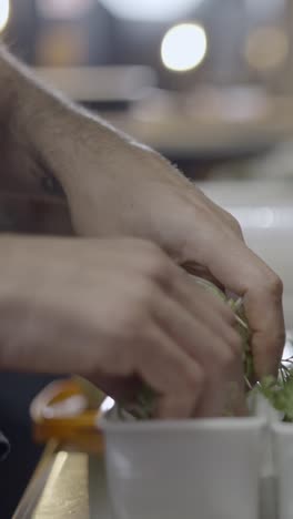 close-up of hands preparing fresh herbs in a kitchen