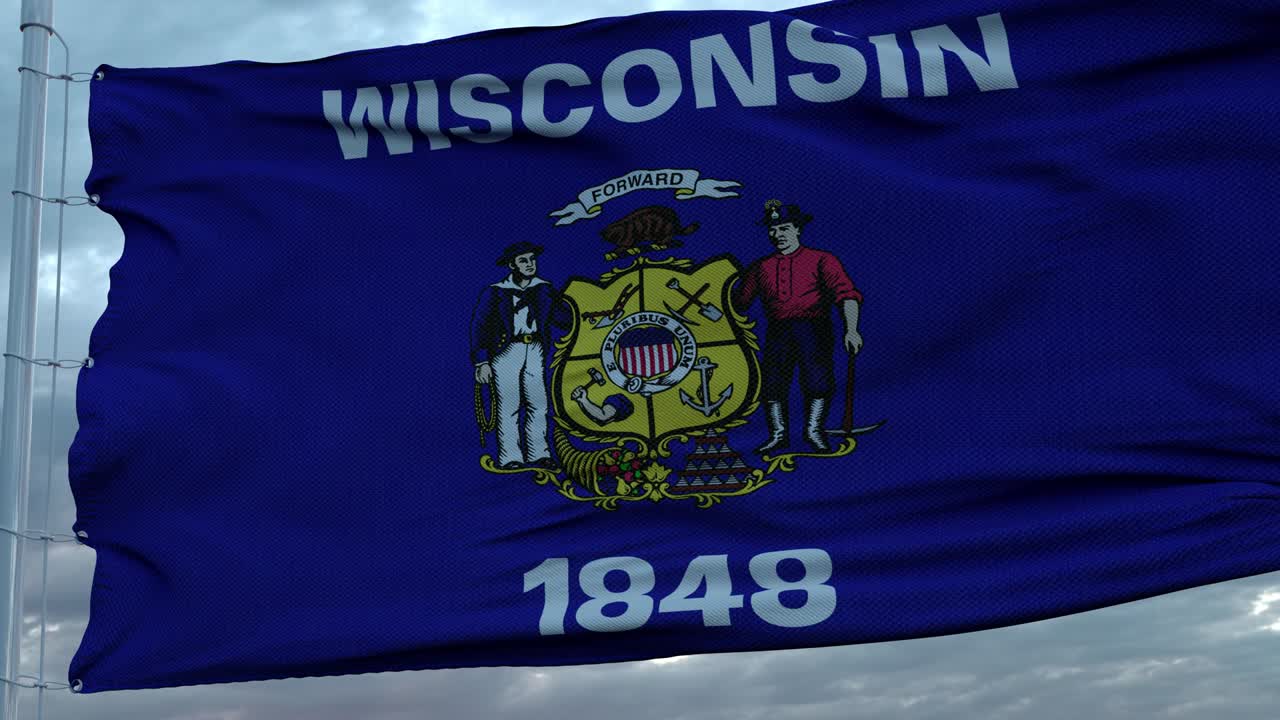 Flag of Wisconsin waving in the wind against deep beautiful clouds sky