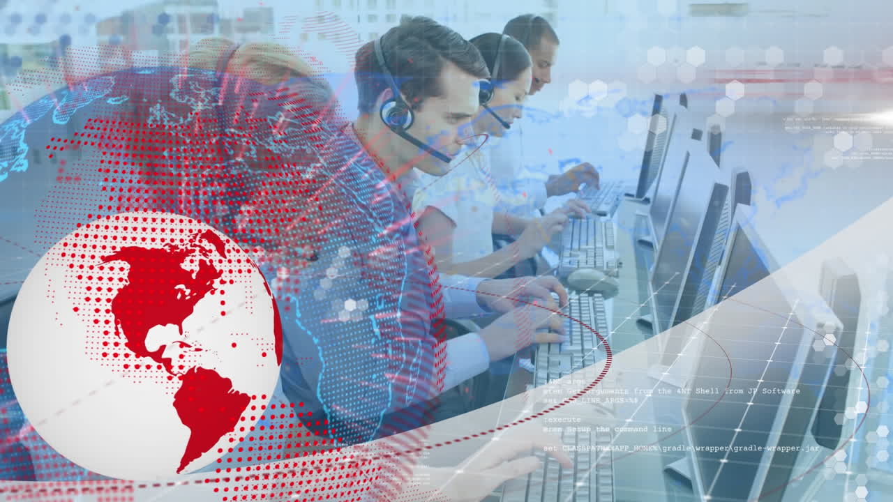 animación del globo y procesamiento de datos sobre personas de negocios que usan auriculares telefónicos