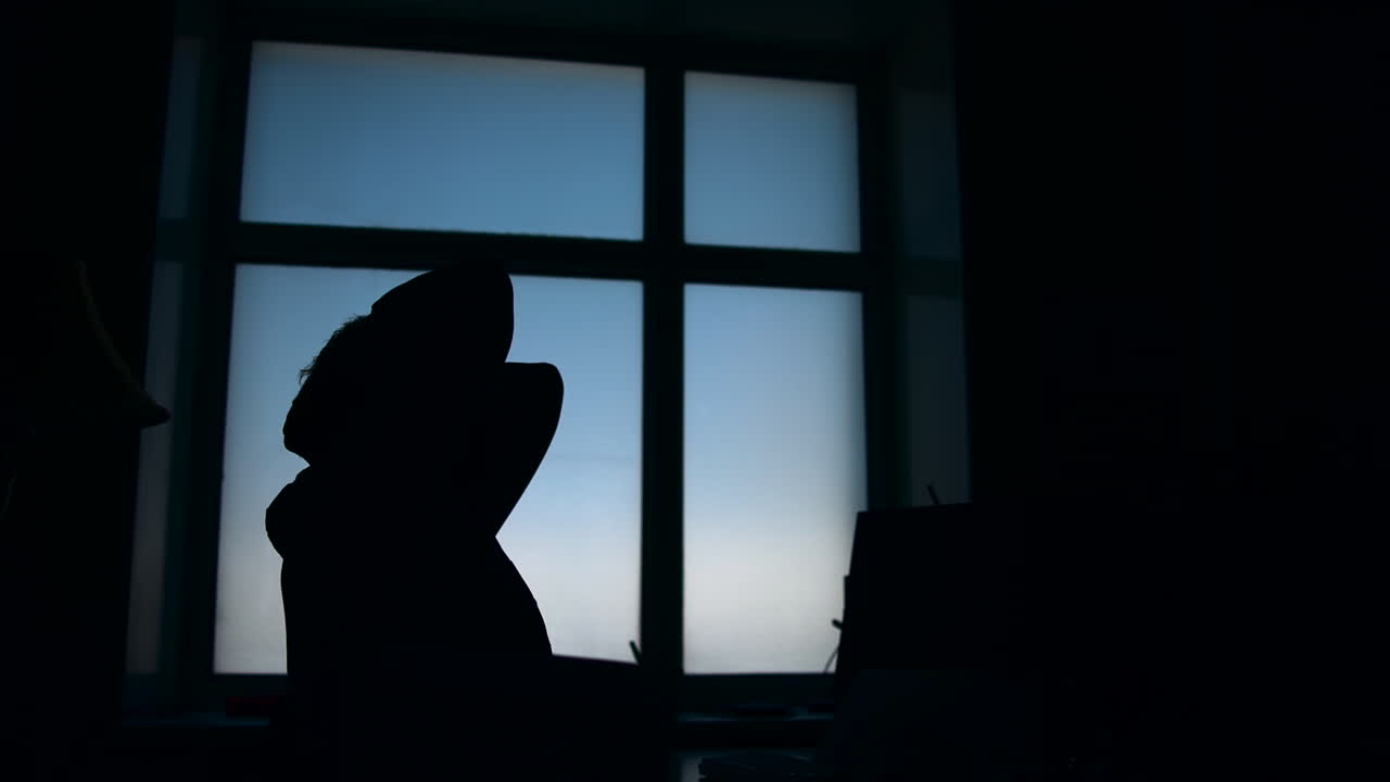 Silhouette Man Throwing Papers Above Desk, Moment Of Frustration And Release In Office, Strewn Documents, . Media