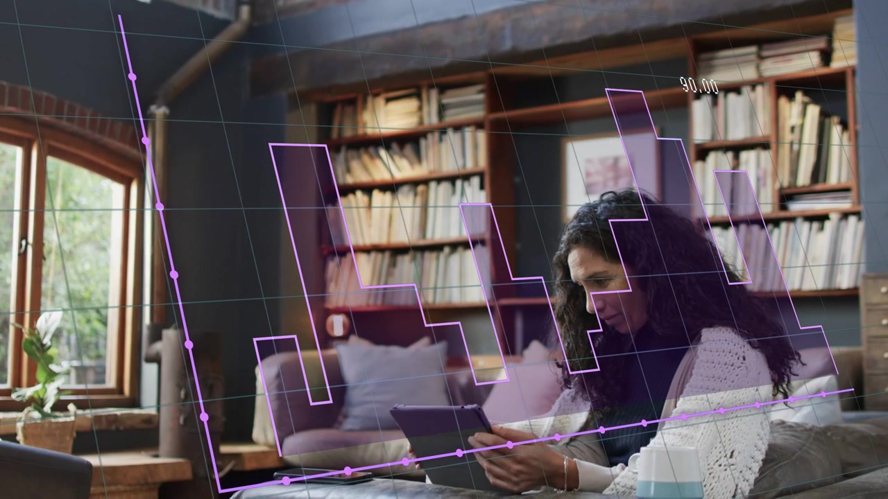 Woman tapping tablet and causing purple grid overlay with nodes and growing stepped finance graph