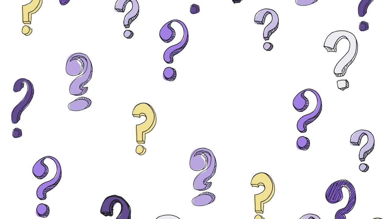 Seamless loop background with moving question marks. Cartoon question marks in grunge texture style. Hand drawn question mark. Alpha channel. 4K video graphic animation
