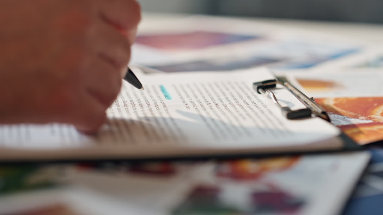 hombre chequeando con la mano el contrato sosteniendo el bolígrafo en el escritorio de cerca. hombre leyendo el acuerdo