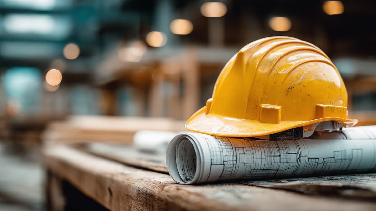 Construction Safety Gear: A Yellow Hard Hat Placed on Blueprints in a Busy Workshop Environment, Signifying the Importance of Safety in Building Projects