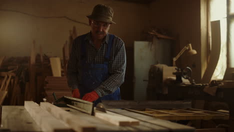 hombre mayor usando sierra circular en taller de carpintería