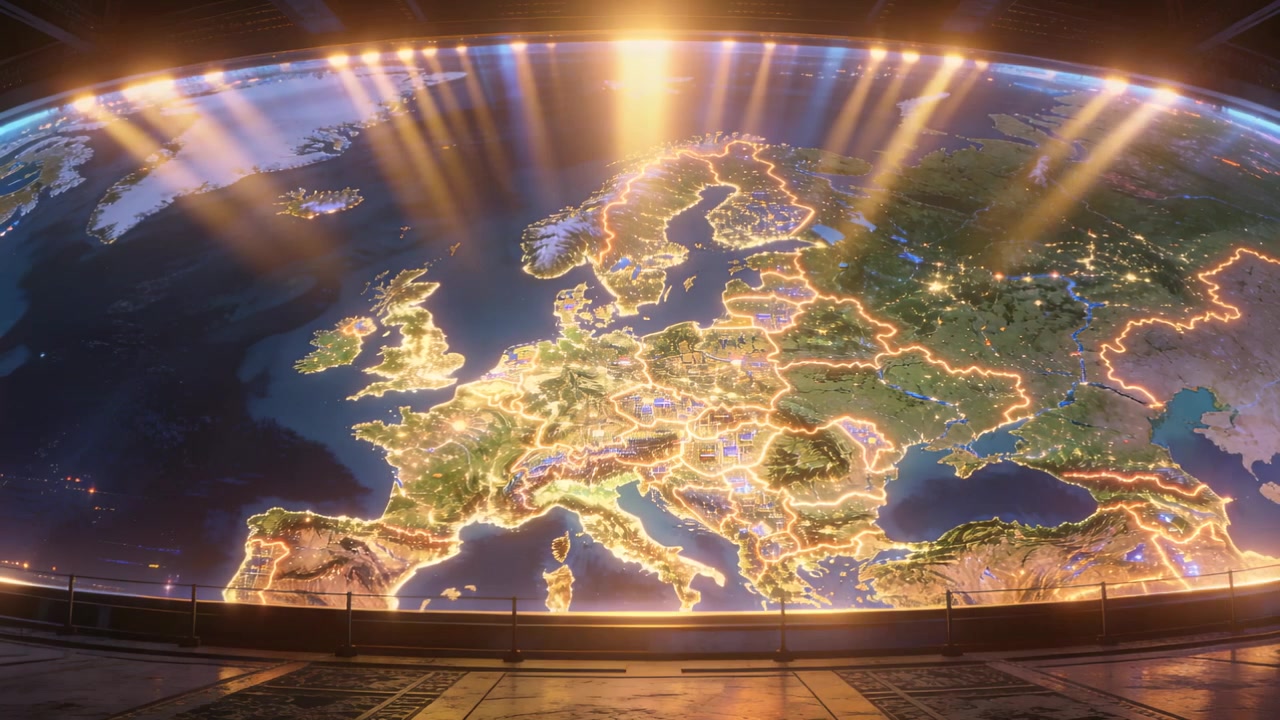 Fasci di luce dall'alto scendono su una mappa curva dell'Europa in una cupola con luci pulsanti, con una ringhiera che mostra la mappa.