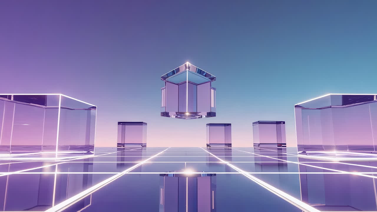 Futuristic Digital Grid with Transparent Glowing Cubes