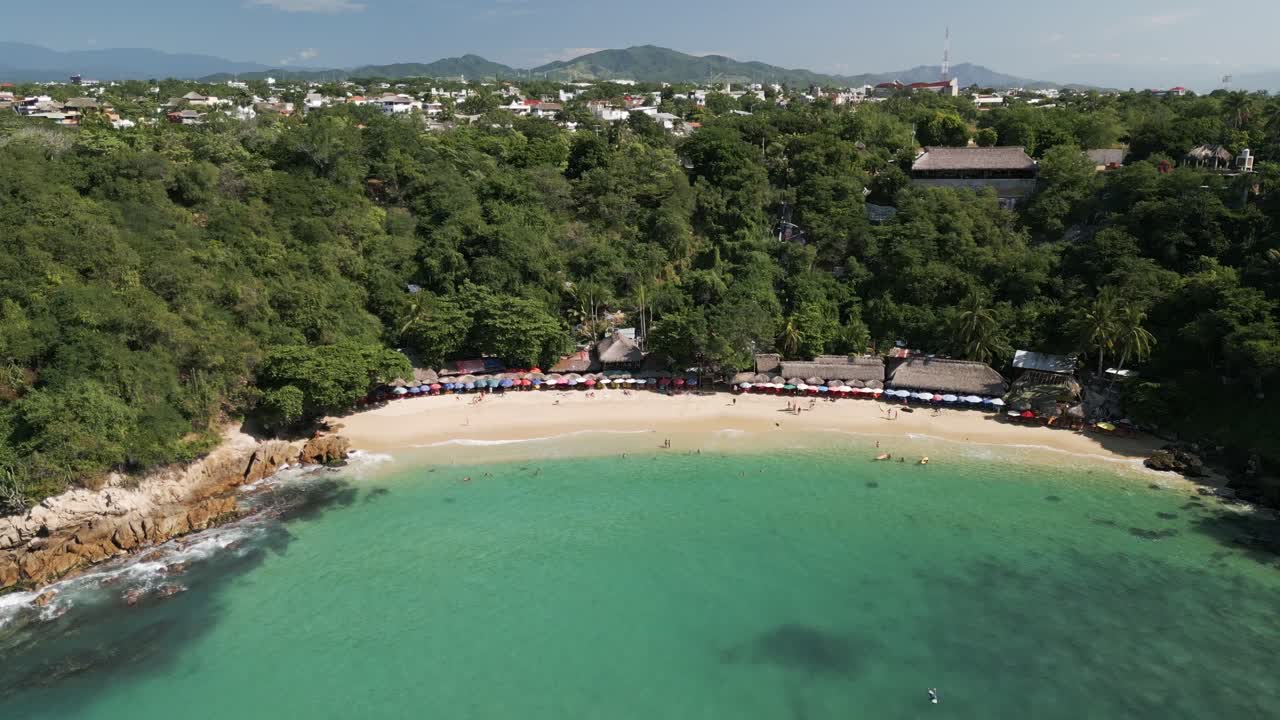 Aerial Drone Zoom In Carrizalillo Puerto Escondido Blue Lagoon Beach Mexico Travel and Tourism, Mexican Summer, Skyline and Nature