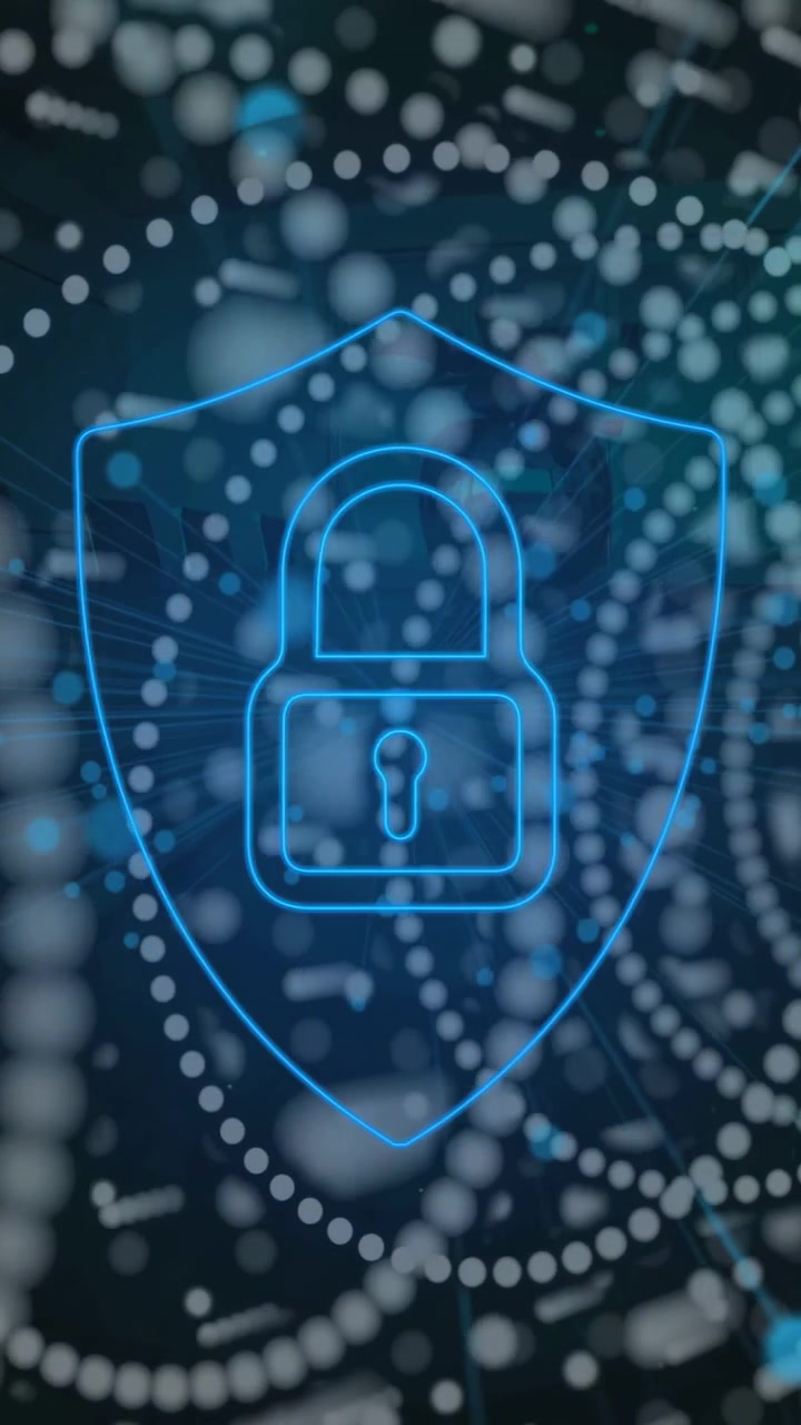Video verticale: Nodi blu che appaiono su anelli, formando un lucchetto e uno scudo che creano una sicurezza pulsante.