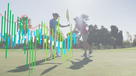 two golfers shaking hands on course with financial data animation overlay