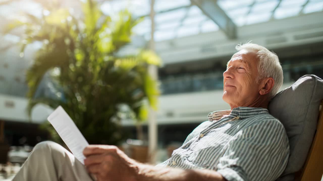 A serene moment captured in time as a senior man relaxes under the warm sunlight, enjoying a peaceful afternoon while reading a document in a calming indoor garden environment