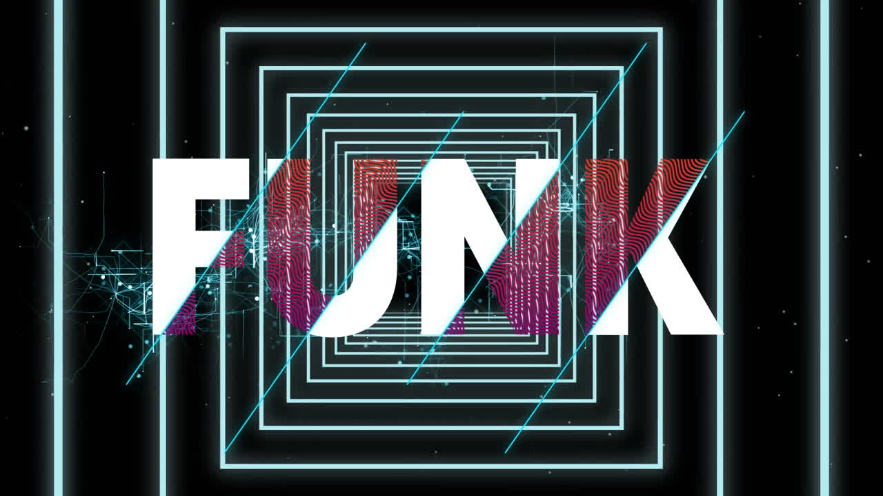 animación de funk en texto blanco y rosa sobre cuadrados brillantes y red sobre fondo negro