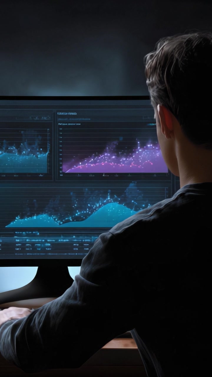 Analyzing Data Trends: A Person Engaged in Visualizing Statistical Graphs and Insights from a Computer Display in a Dimly Lit Environment