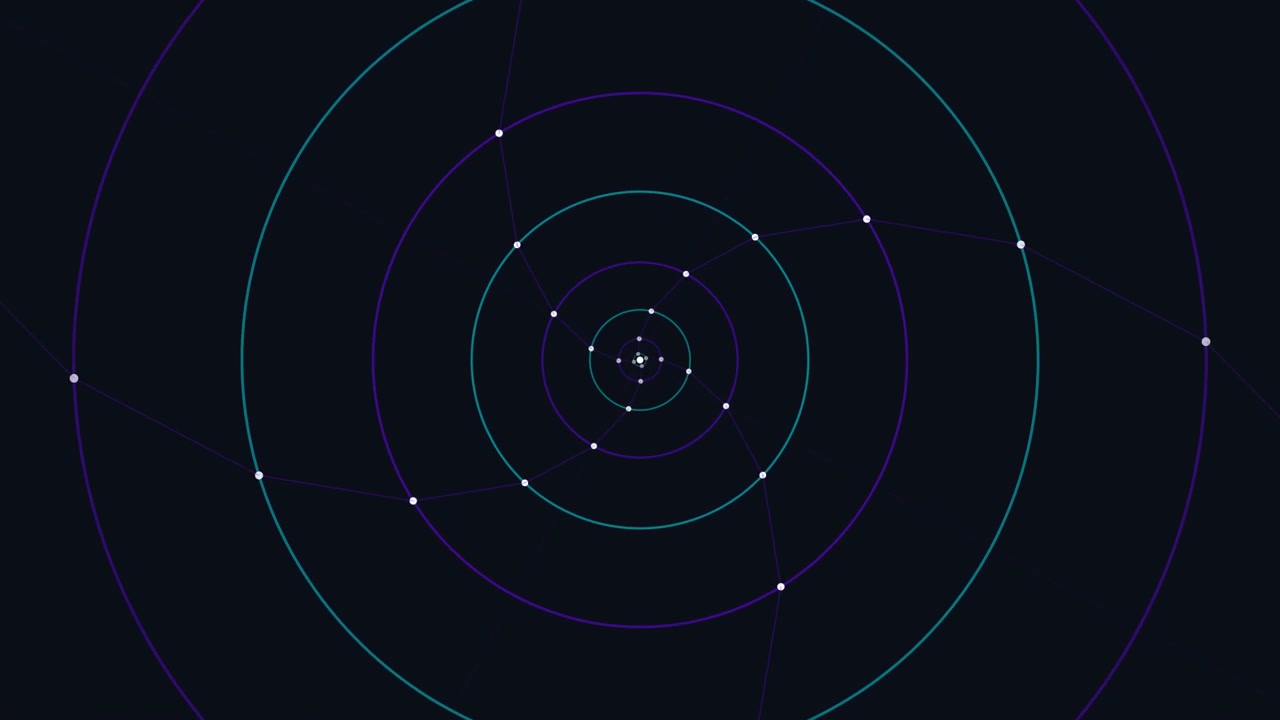 Grafica astratta in movimento di cerchi concentrici rotanti e nodi di connessione