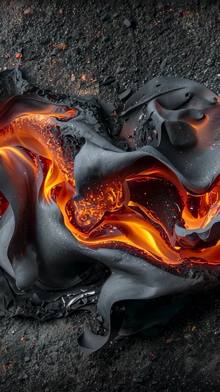 Vertical video: Cooling molten mass shifting and forming thin crust on dark ground, shedding embers