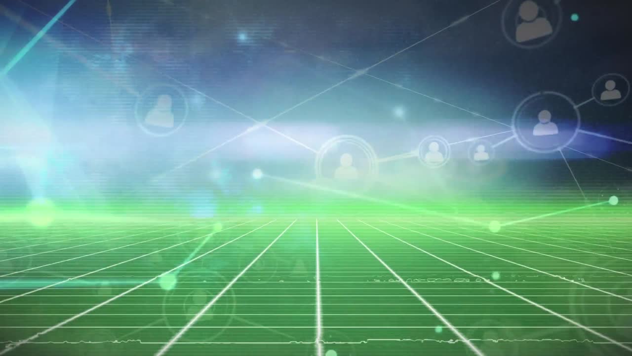 파란색 배경에 연결 네트워크와 빛 트레일의 애니메이션