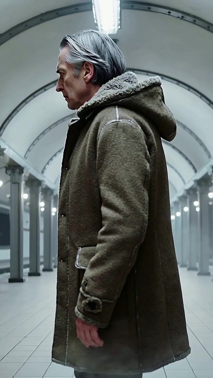 Vertical video: Starting profile, senior man walking down subway platform past columns