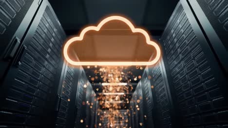 a cloud symbol glows among rows of server racks, highlighting advancements in data storage and cloud computing technology in a contemporary data center environment.