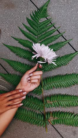 delicate flower and fern arrangement with hands