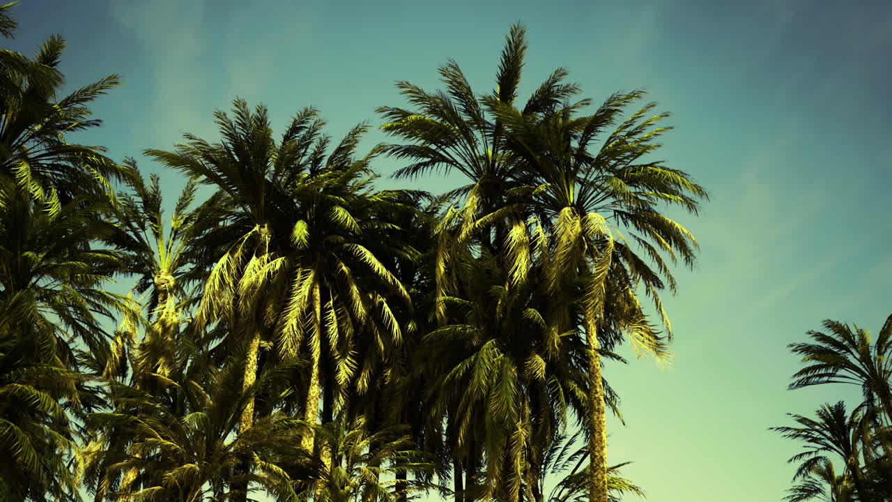 Lush palm trees under a clear blue sky in a tropical paradise setting