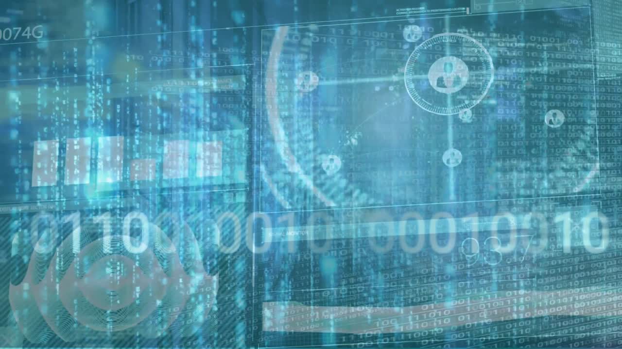 animación de codificación binaria y procesamiento de datos a través de servidores informáticos