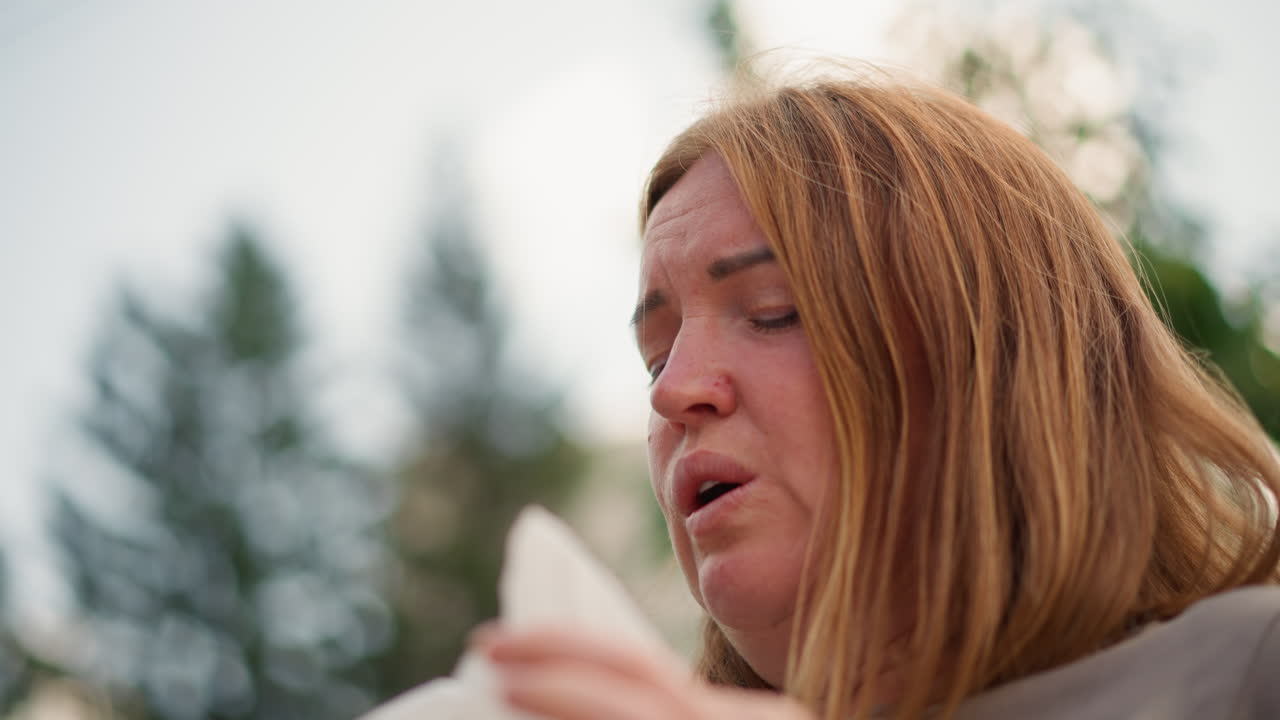 Sad woman wipes tears with tissue outdoors, emotional face showing sorrow and reflection, blurred green background under soft natural light creating tender atmosphere of grief