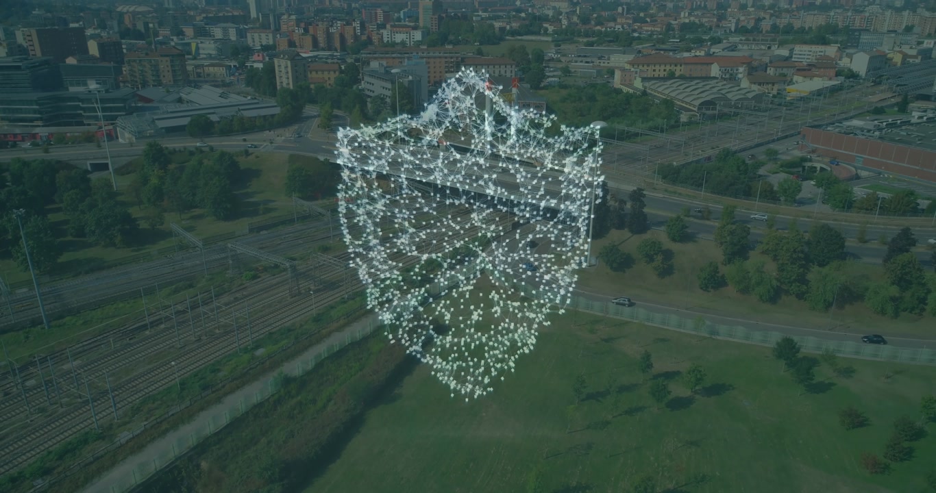Animation of digital shield over cityscape