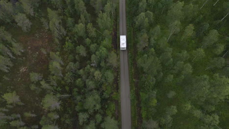 a view from above, showing a motorhome driving trough a green forest