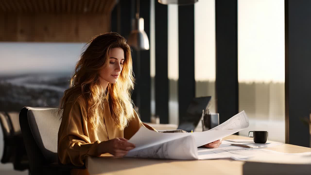 Una donna concentrata esamina i progetti architettonici in un ufficio tranquillo, illuminato dalla calda luce del sole, creando un'atmosfera perfetta per la concentrazione e la creatività, che riflette l'estetica moderna degli spazi di lavoro.