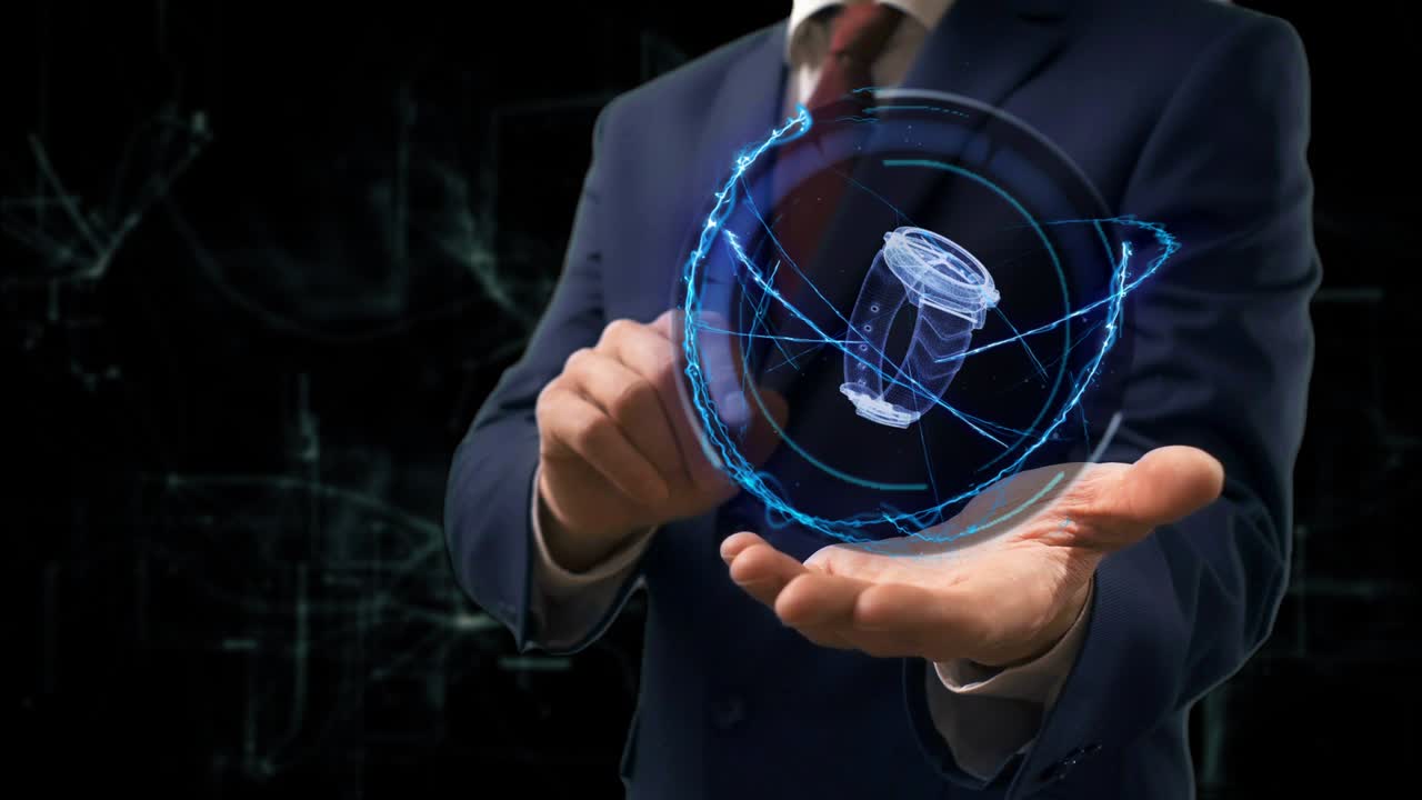 비즈니스맨은 콘셉트 홀로그램 3d 시계를 손에 고 있습니다.