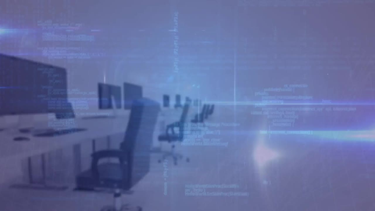 프로파일 아이콘 네트워크의 애니메이션, 데이터 처리 및 빈 사무실에 대한 파란 빛 점