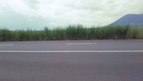 una toma panorámica de una carretera vacía de izquierda a derecha, rodeada de hierba alta